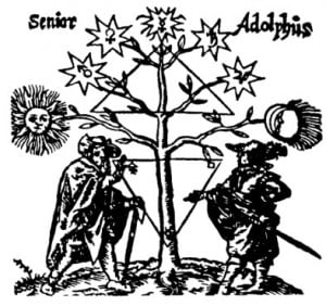 Дерево планет с двумя алхимиками. Из книги Базилиуса Вален тинуса "Азот", 1659 г.