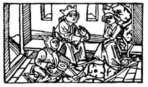 Дурак: Придворный шут перед королевской четой. "История Тристана и Изольды", 1484 г.