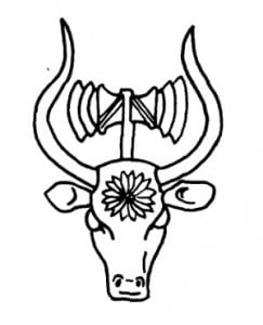 Двойной топор на голове быка. Античный каменный орнамент. Греция эпохи расцвета Микен